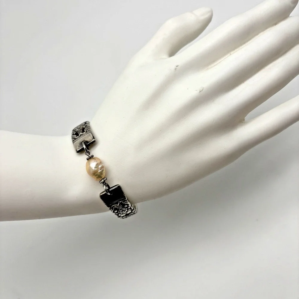 1950s Coronation Silver-plated Floral Spoon Bracelet w/ Freshwater Pearl 6.75